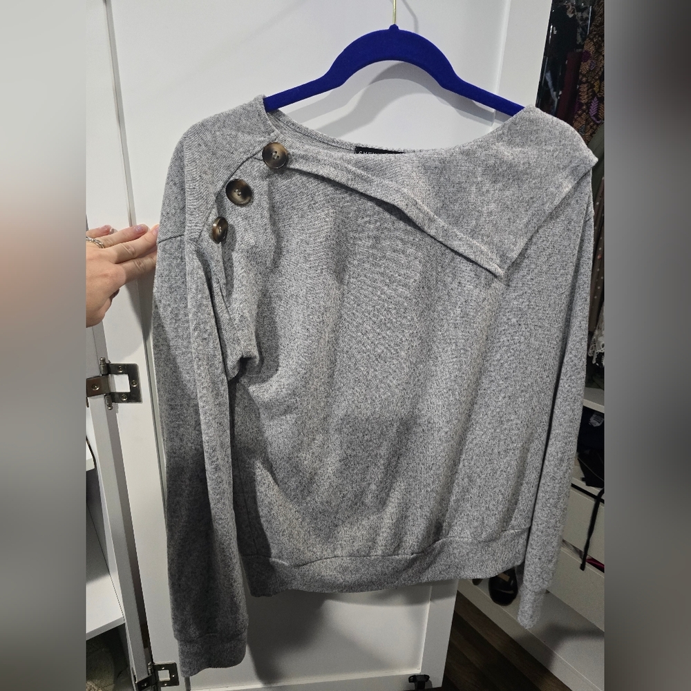 SHEIN Gray Off-the-Shoulder Sweater with Buttons